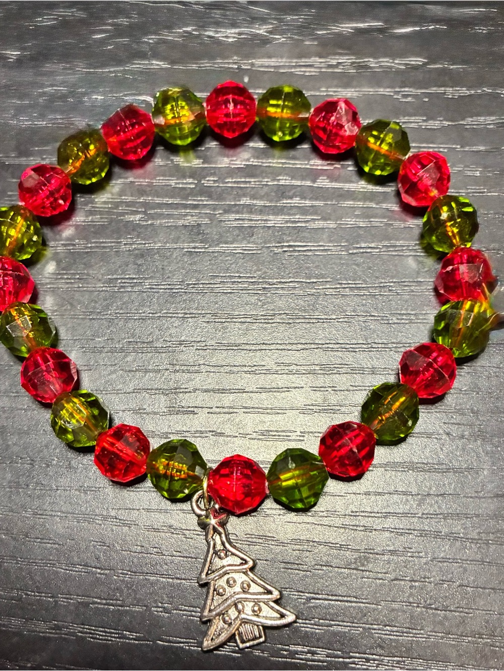 Festive Red & Green Beaded Bracelet with Christmas Tree Charm